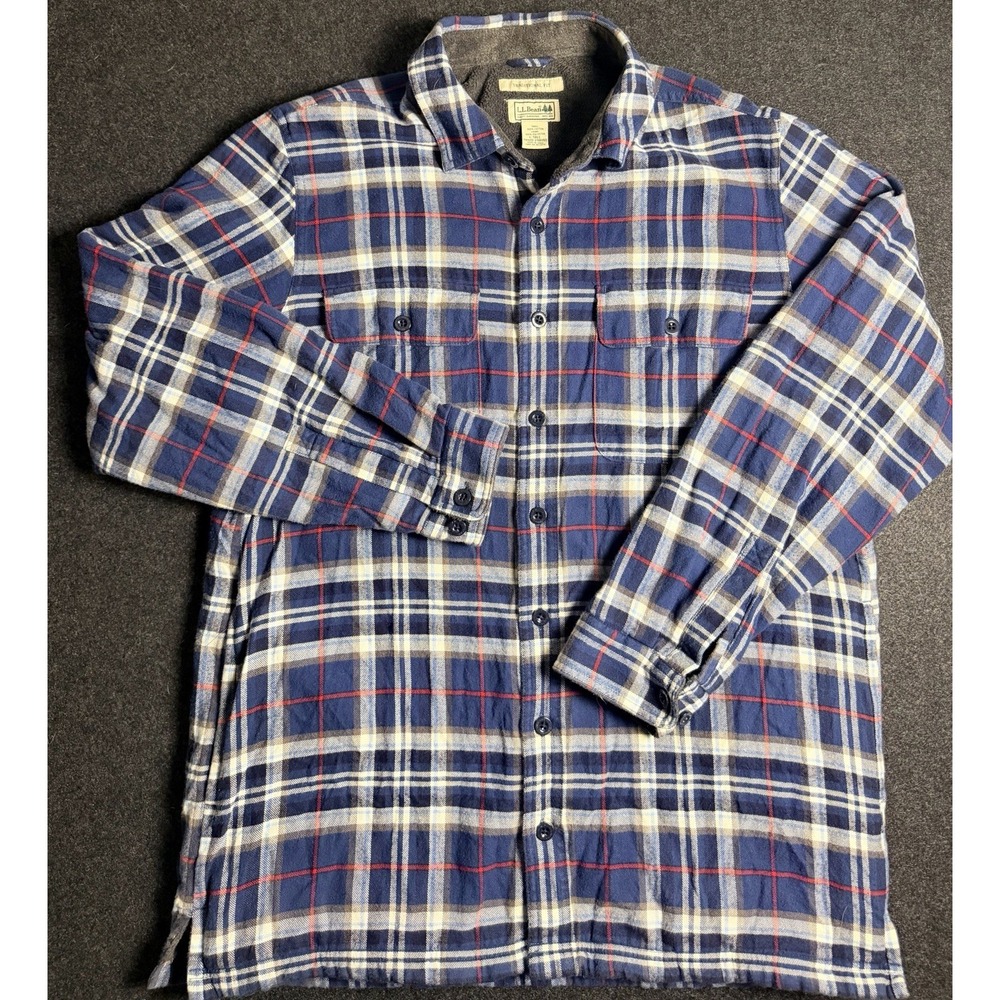 LL Bean Mens Large Tall Flannel Shacket Fleece Lined Plaid Button Up Warm Fall